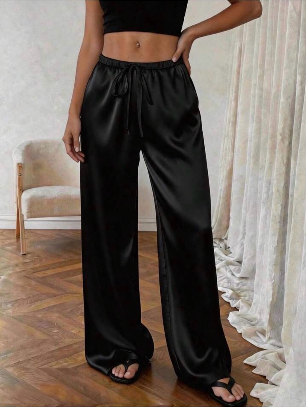 SHEIN Black Satin Straight-Leg Lounge Pants
